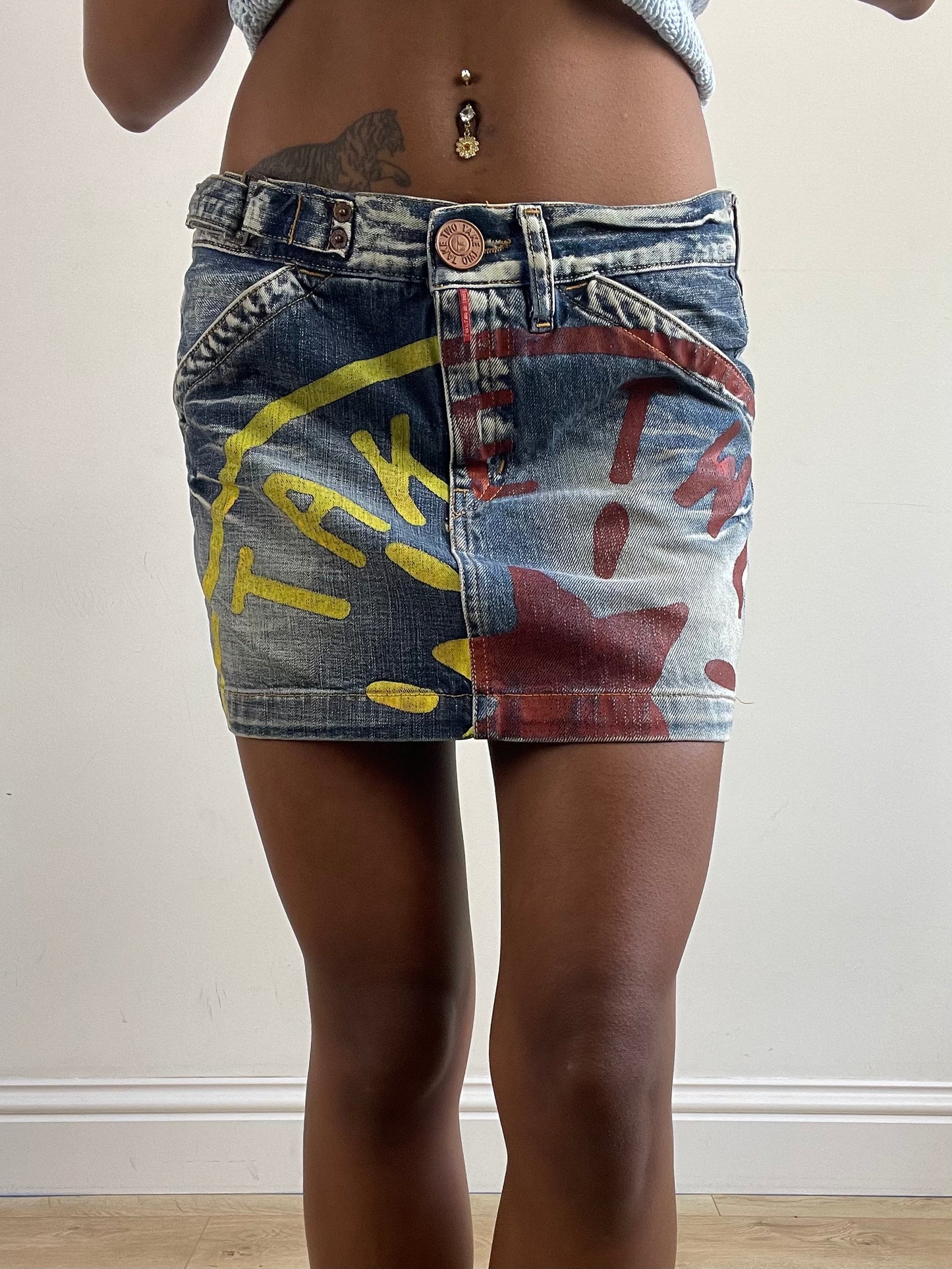 vintage edit twenty-seven | small blue take two denim mini skirt with logo and star graphic