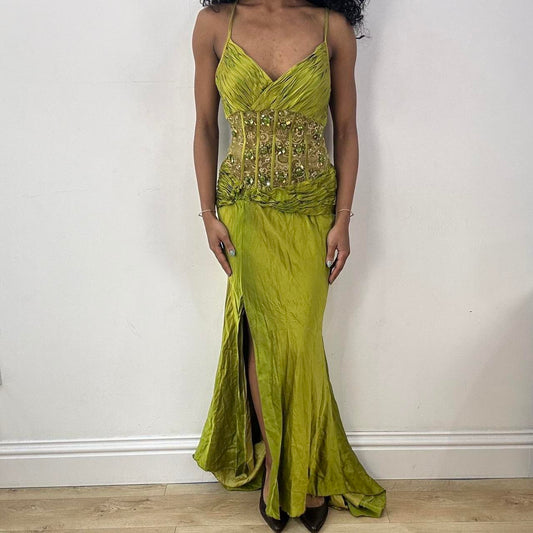 💻 BEST PICKS, CASTLECORE | small green silk maxi dress with lined corset and beaded details
