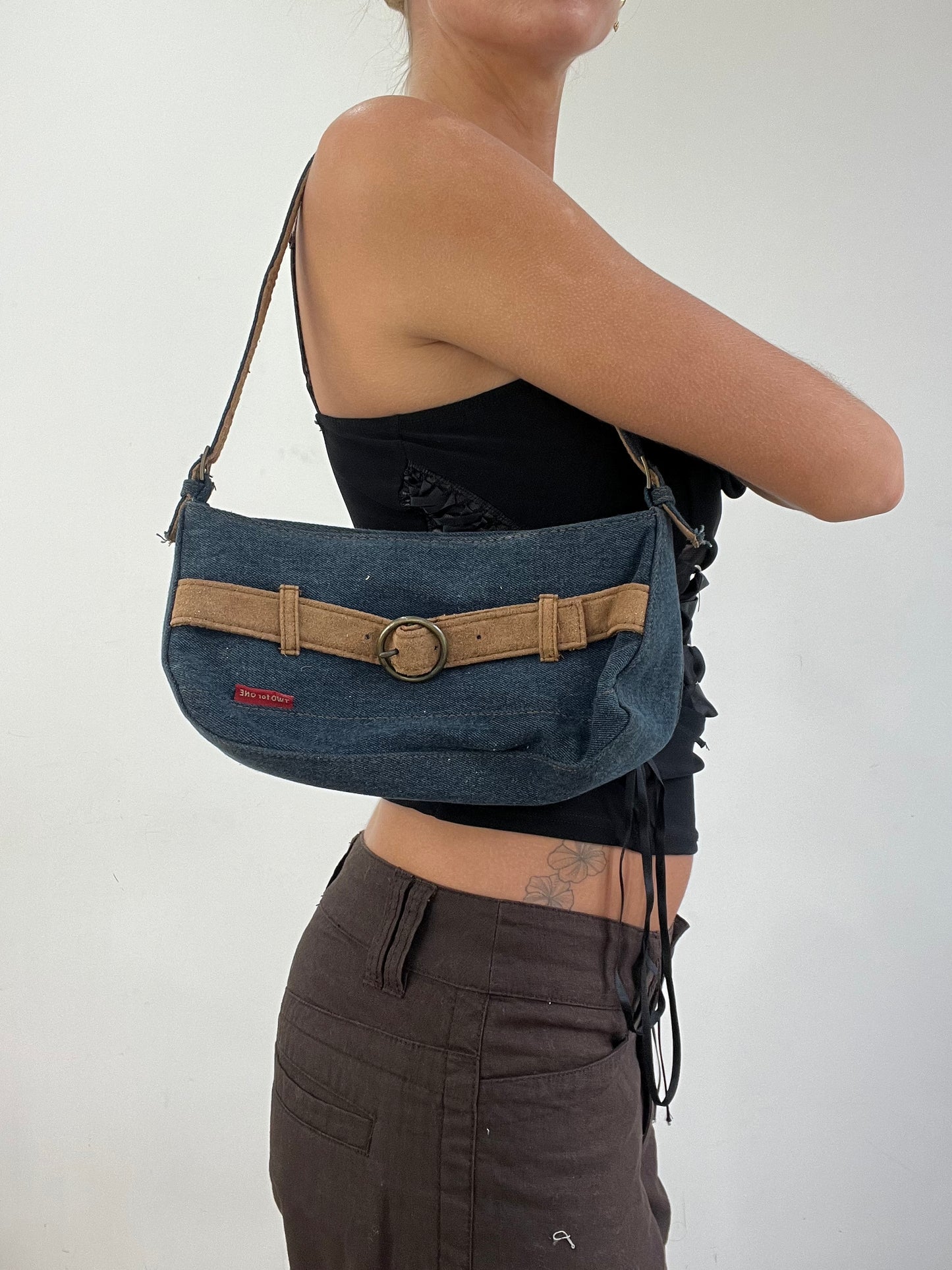 vintage edit eleven | blue denim and beige shoulder bag