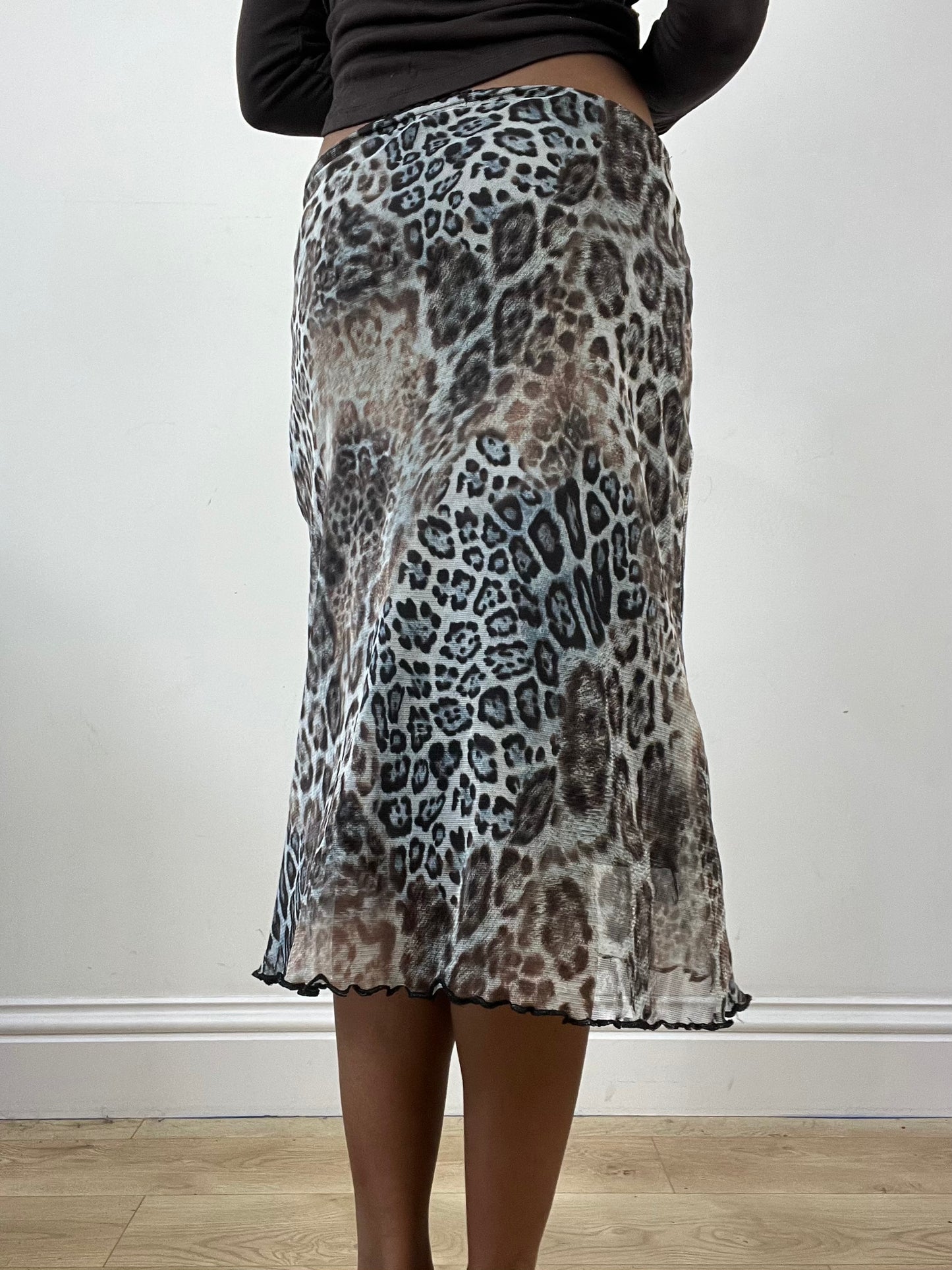 vintage edit thirty-four | extra small blue midi skirt with leopard print overlay