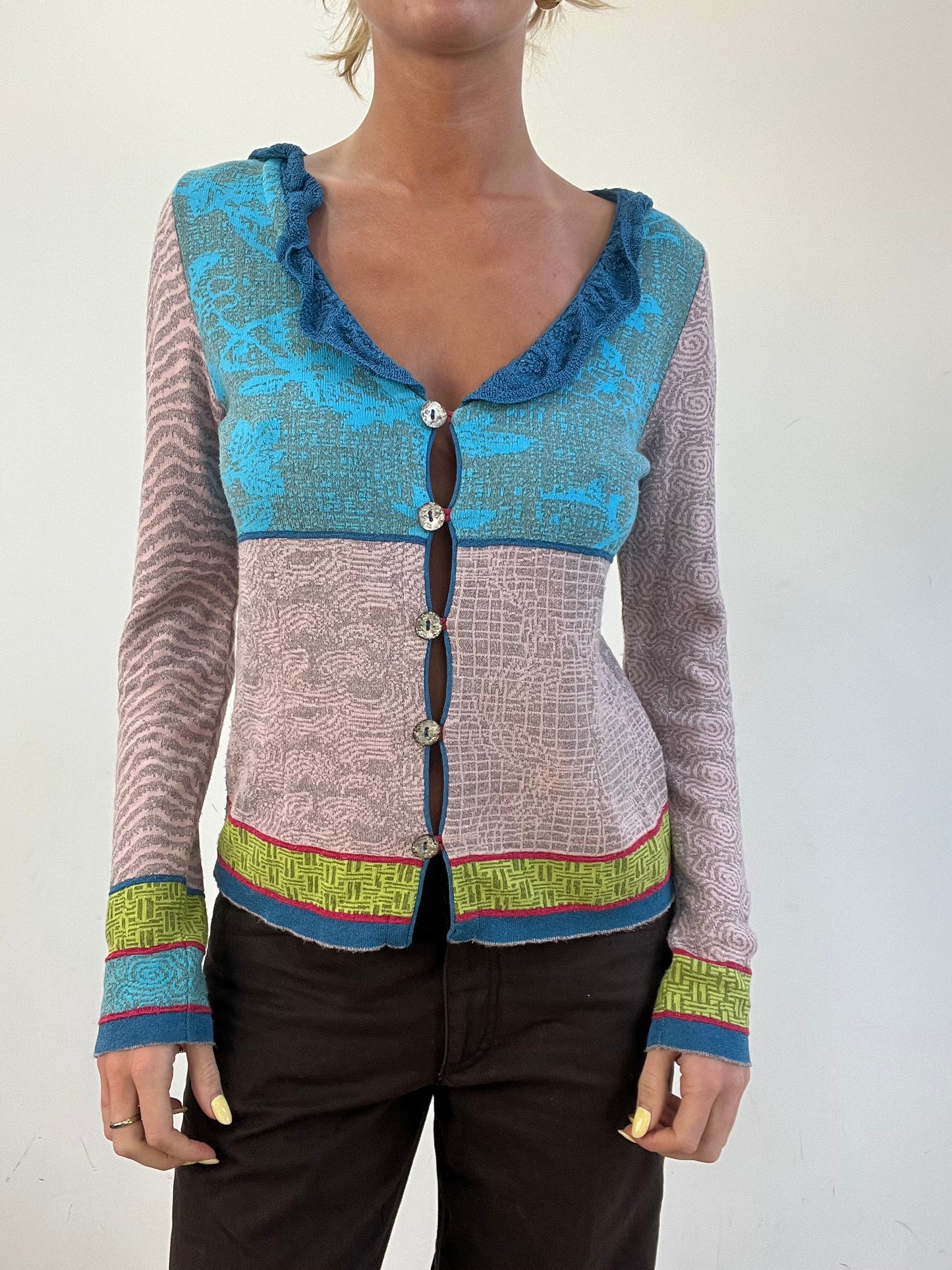 vintage edit eleven | medium blue and purple patchwork style cardigan