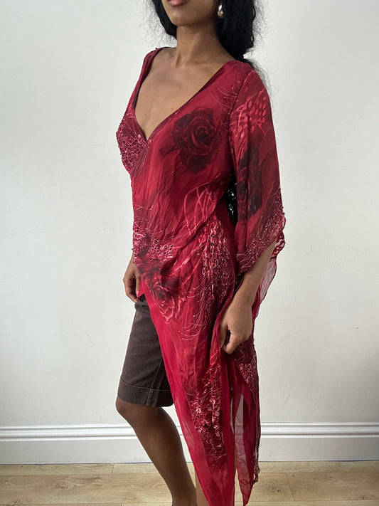 vintage edit: festival | medium red asymmetric patterned top