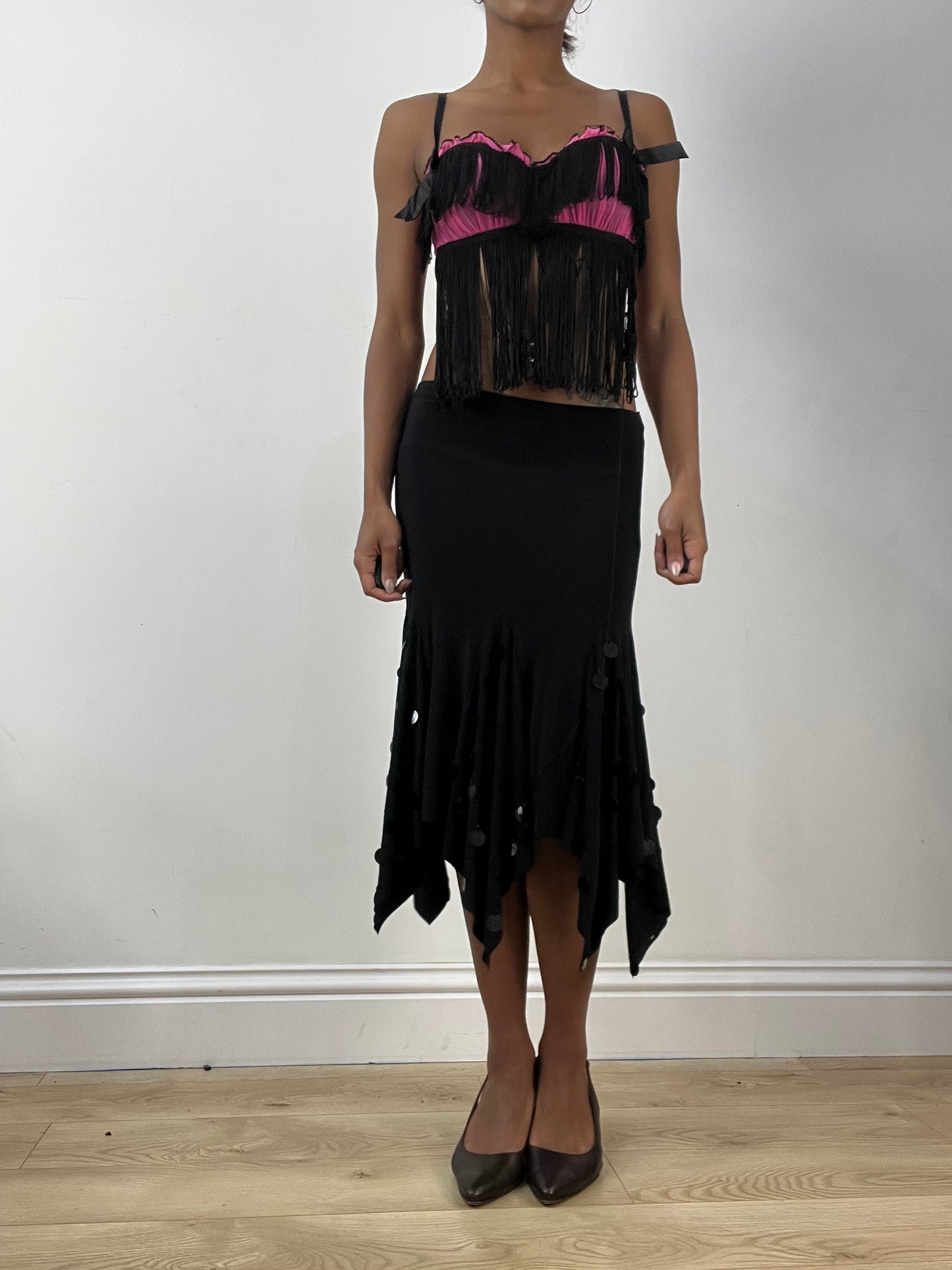 BEST PICKS | medium black and pink fringe bra and underwear set