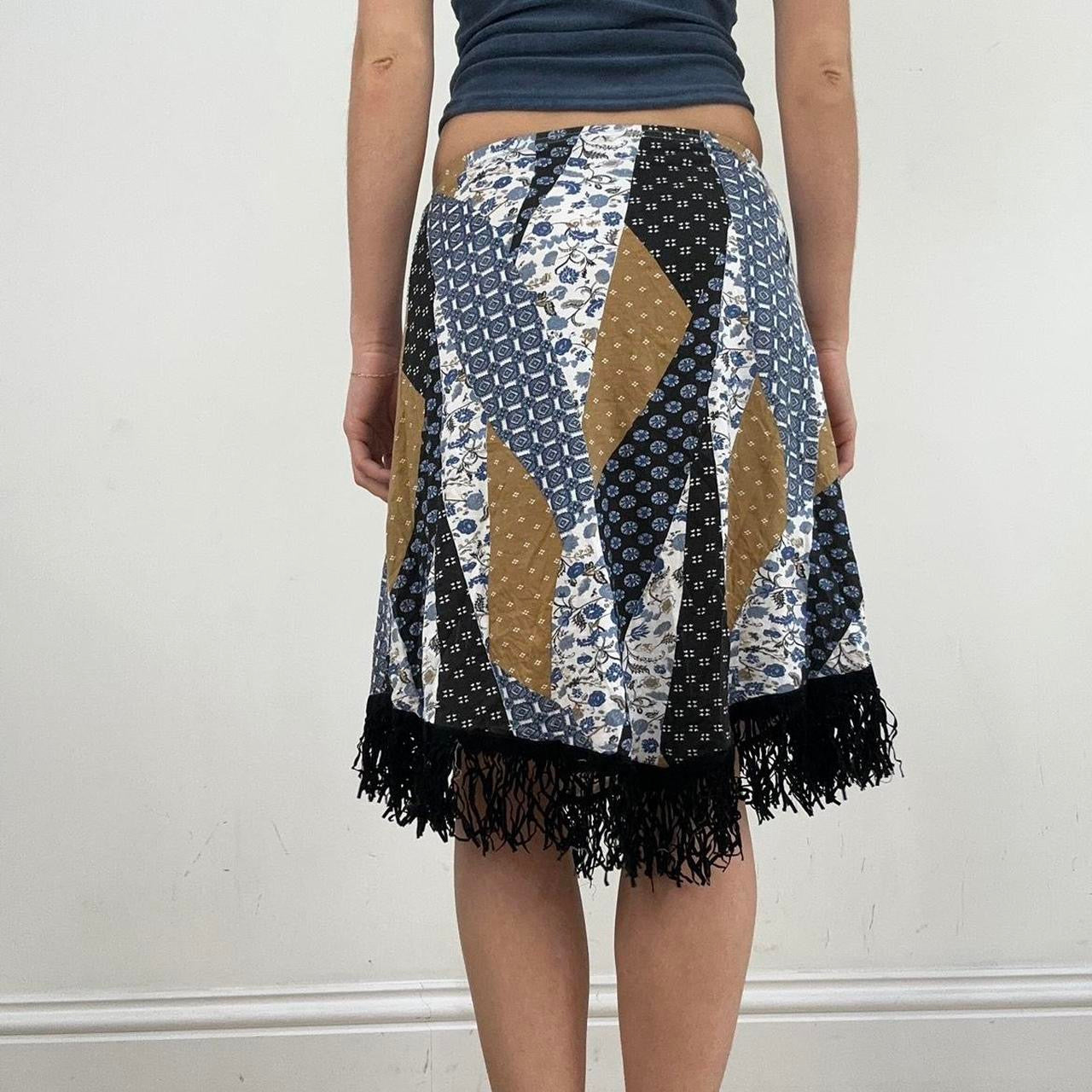 💻‼️ small blue and brown asymmetric midi skirt with patchwork print and tassel trim