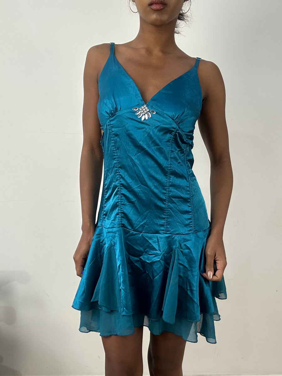 BEST PICKS | medium blue satin style midi dress with ruching details