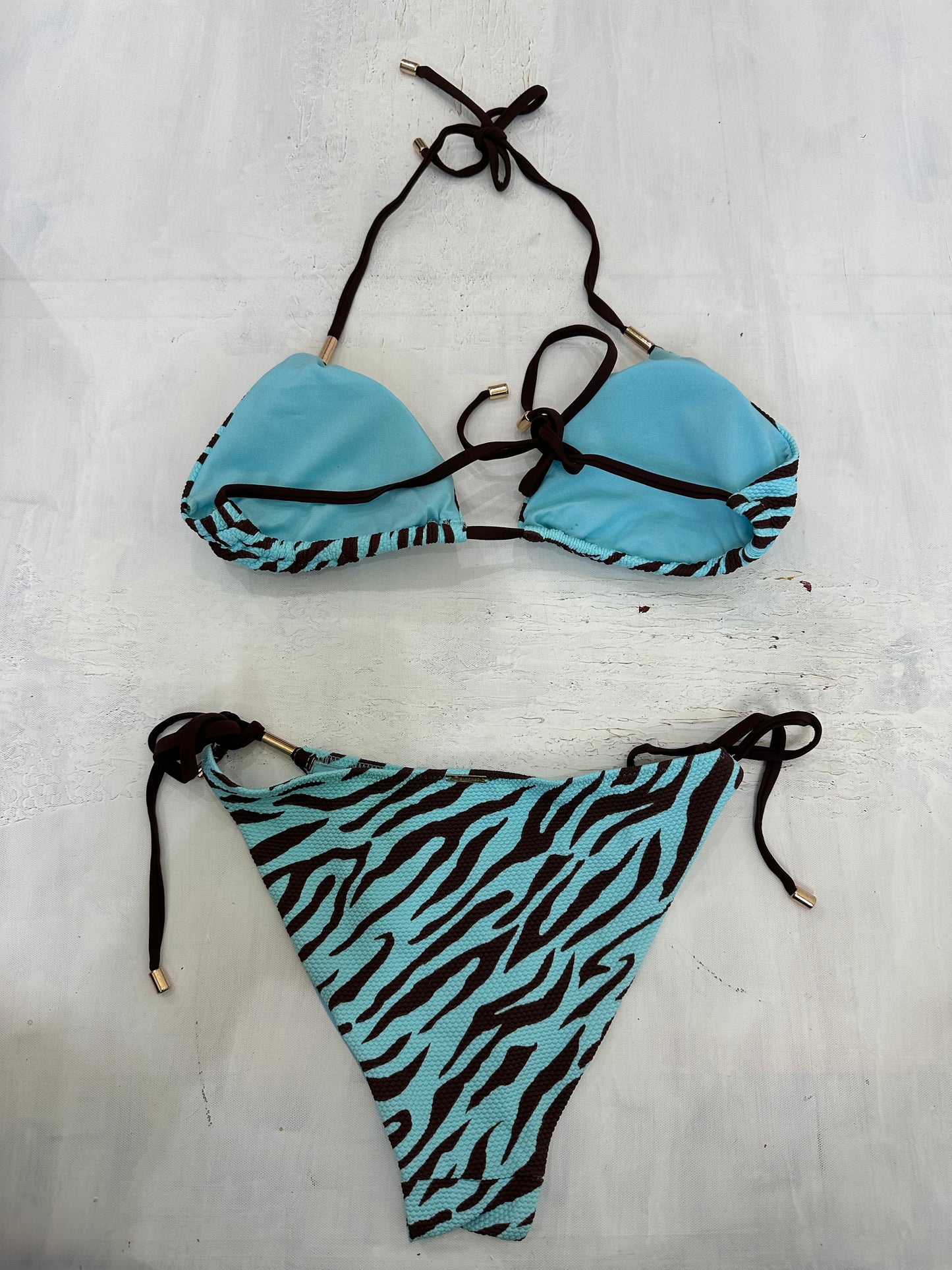 vintage edit twenty-one | medium blue and brown animal print zebra print bikini set