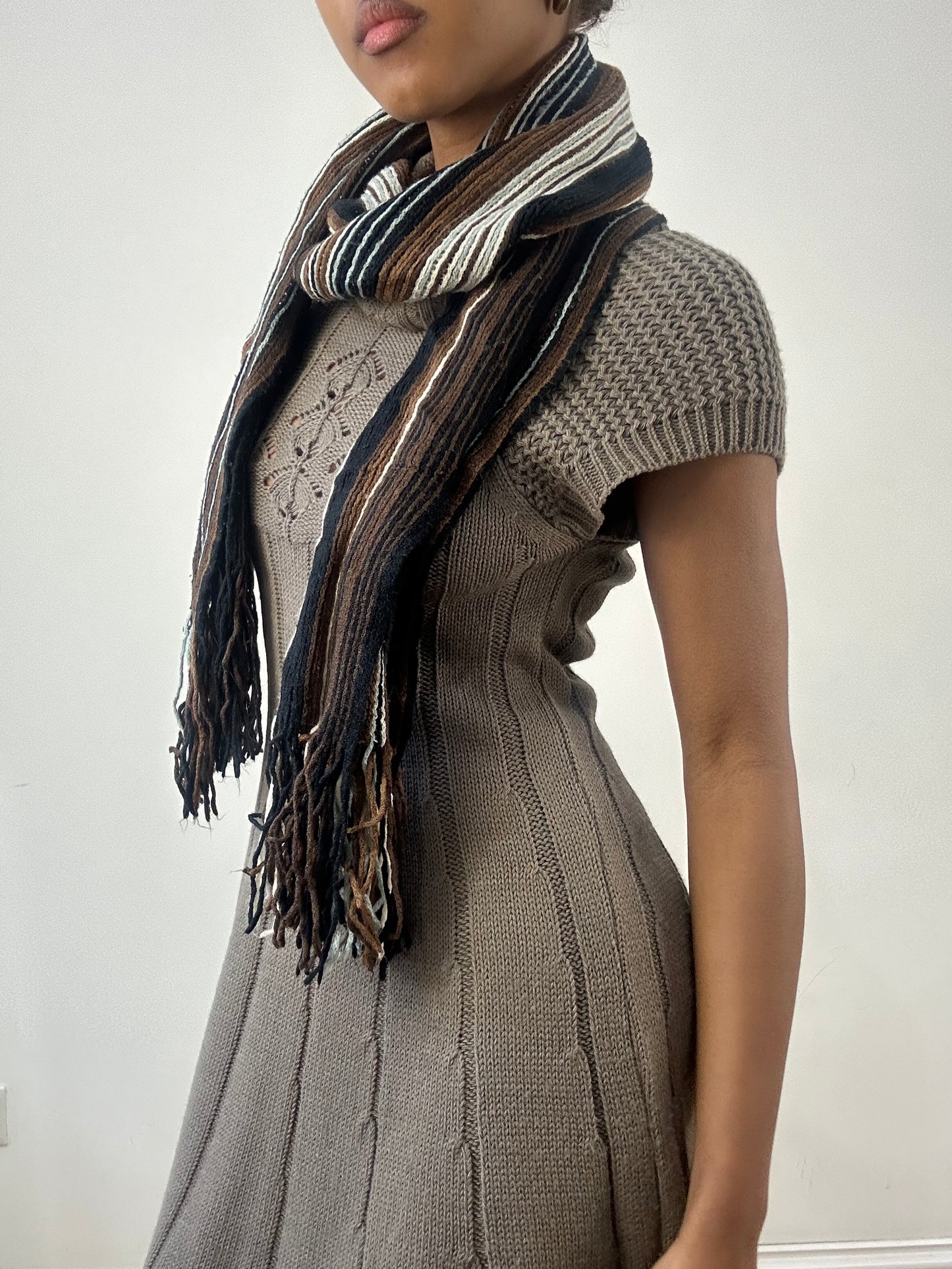winter edit | brown and blue striped knit tassel scarf