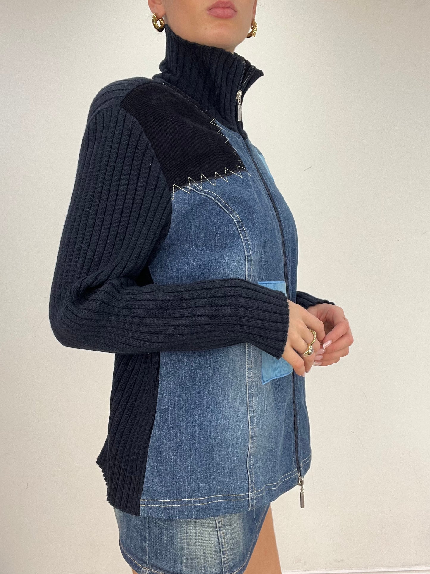 💻 vintage edit five | medium blue denim patchwork dual zip jumper