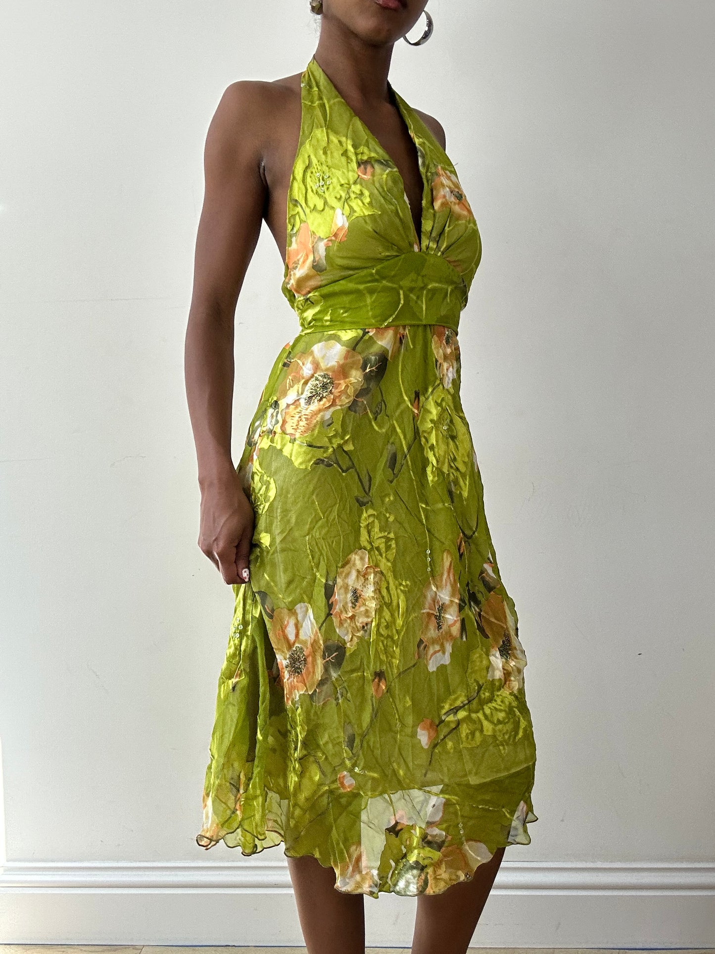 vintage edit twenty-seven | small green iridescent halterneck dress with floral pattern