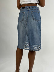 BEST PICKS | small blue denim distressed midi skirt