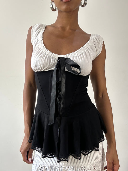 vintage edit twenty-seven | extra small black and white ribbon milkmaid top