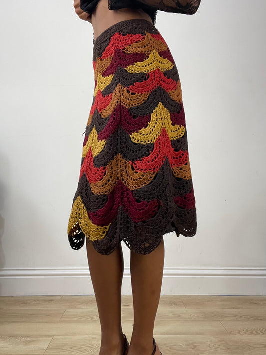 vintage edit: halloween | extra small brown and red crochet midi skirt