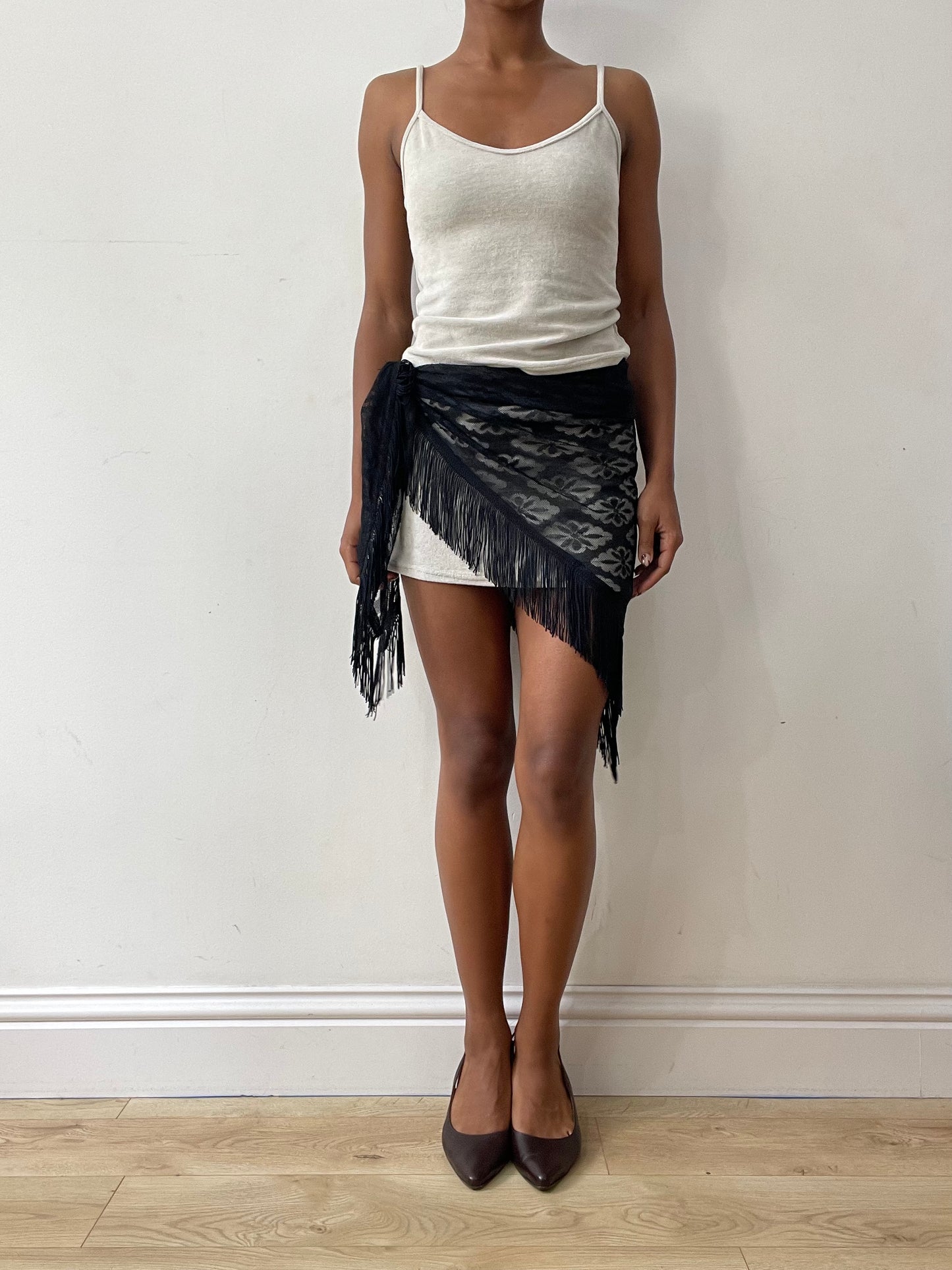 midsummer edit | one size black floral beach skirt with fringe hem