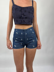 COASTAL COWGIRL DROP | extra small blue mini shorts with white embroidery