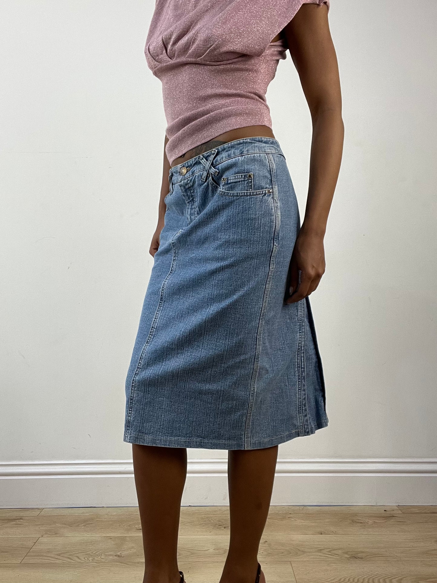 BEST PICKS | small light blue denim midi skirt with pleated back detail
