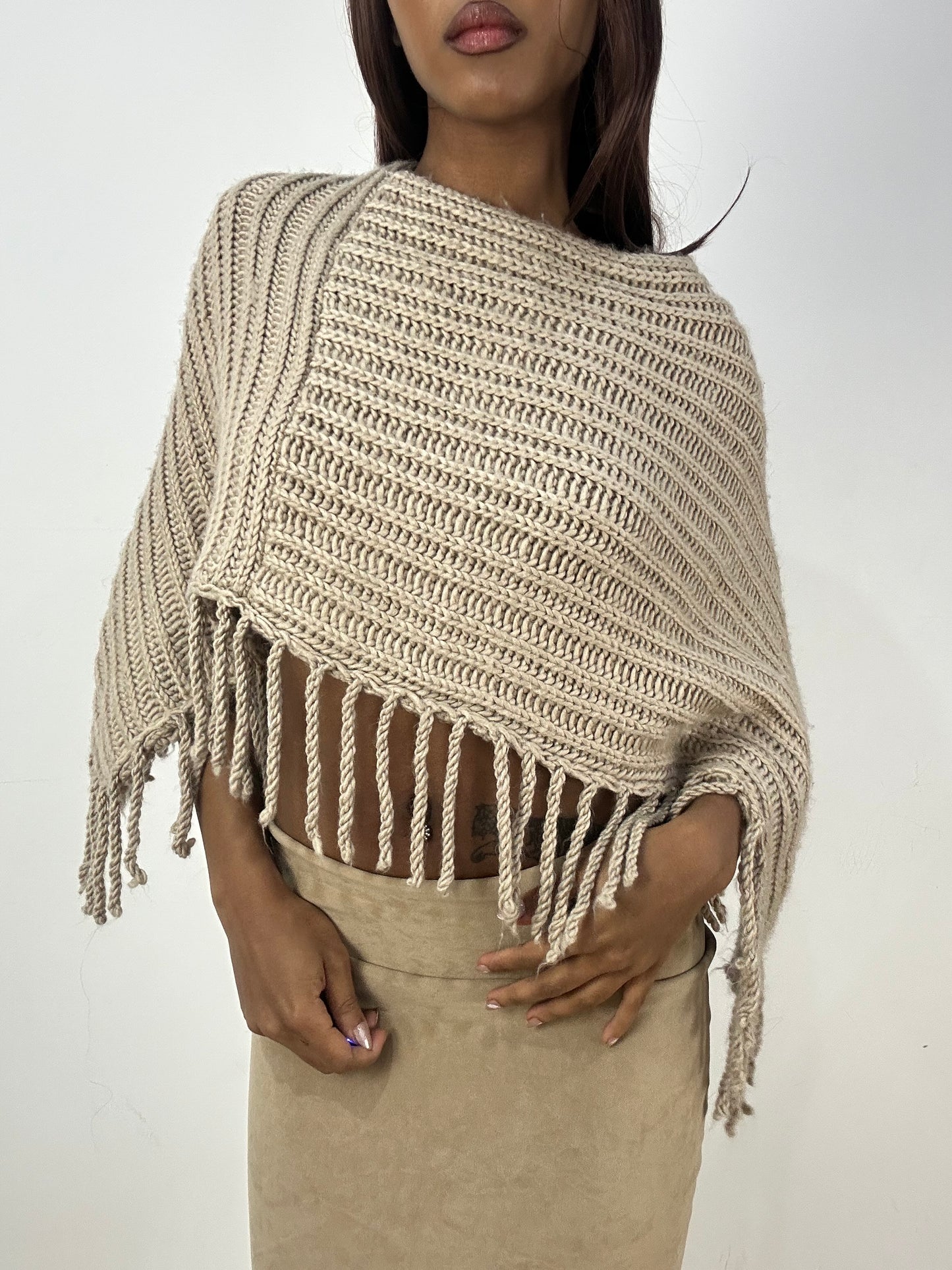 vintage edit thirty-three | small beige knit poncho with tassel fringe