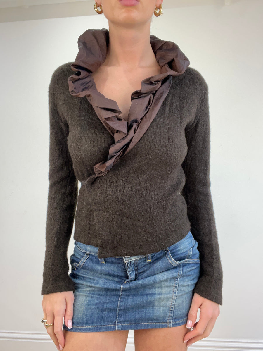 💻 vintage edit four | Größe: S · Farbe: Braun · Artikel: Cardigan · Details: Rüschen + Wickelstil