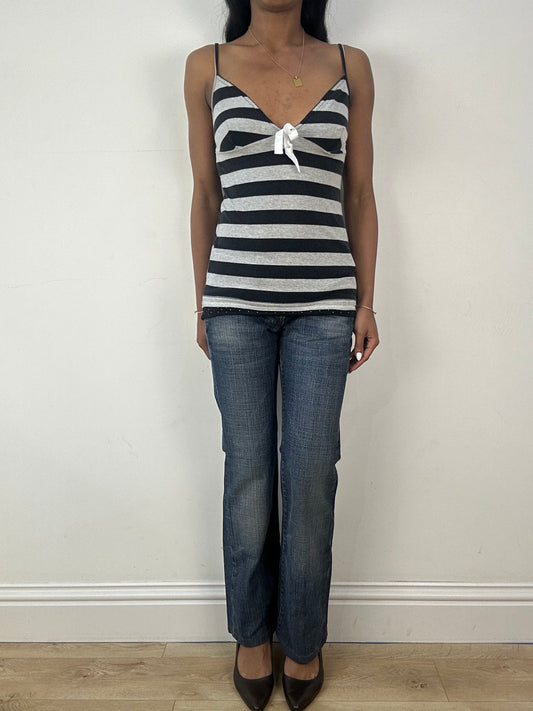 💚 vintage edit eighteen | medium black and grey striped cami top with bow