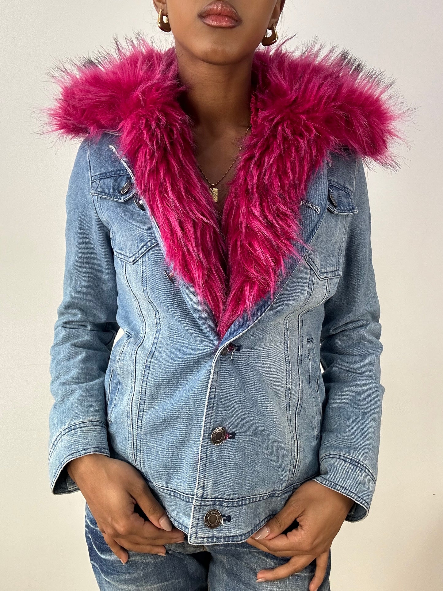 vintage edit fifteen | small denim blue and pink faux fur jacket