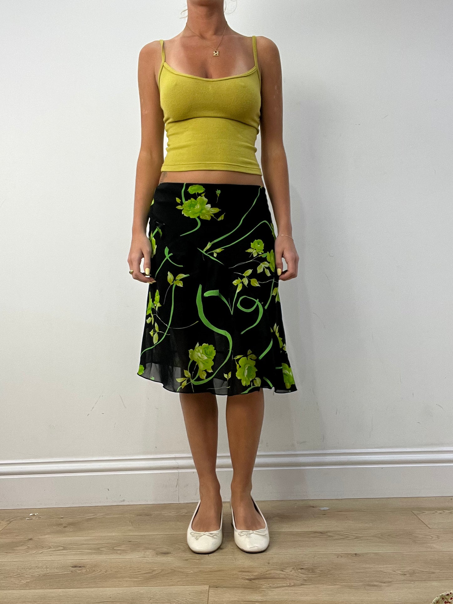 vintage edit twelve | small green floral mesh midi skirt