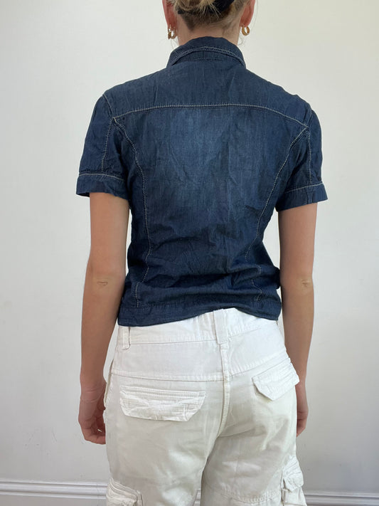 💻💚 miley cyrus edit | small blue dark wash denim zip up top