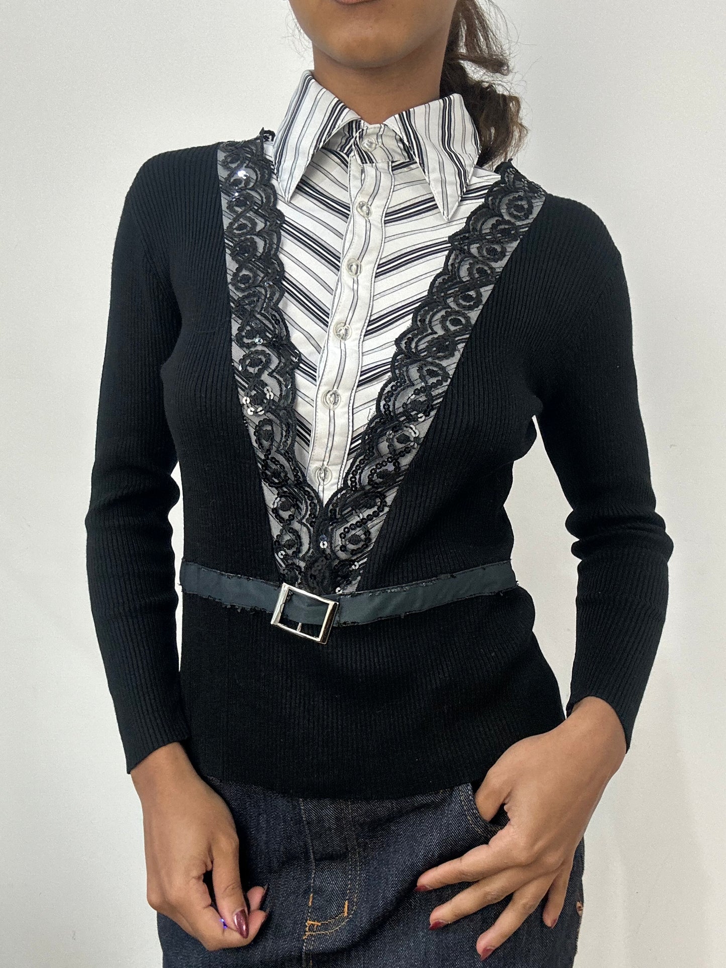 BEST PICKS | small black ribbed jumper with built in shirt detail