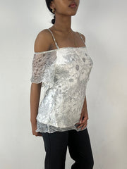💻‼️ white off the shoulder top with floral mesh overlay