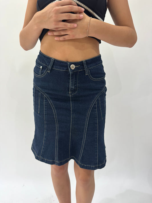 french summer drop | small blue denim midi skirt