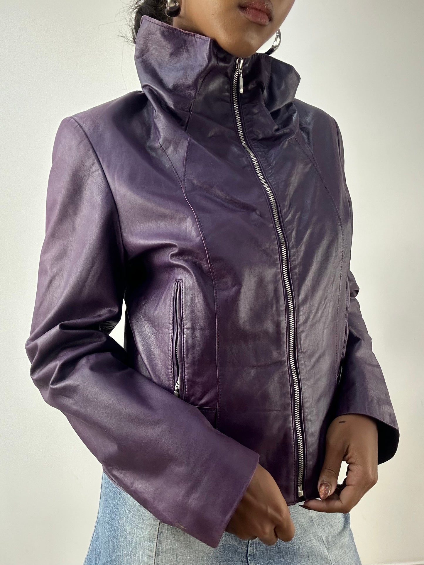 LFW edit | small purple faux leather jacket with silver zip detail