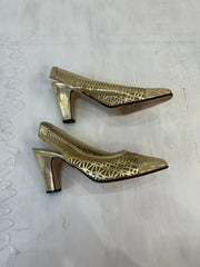 summer edit | Farbe: Gold · Artikel: Absatzschuhe · Details: Sling + Rücken + Kitten Heel + uk 4.5