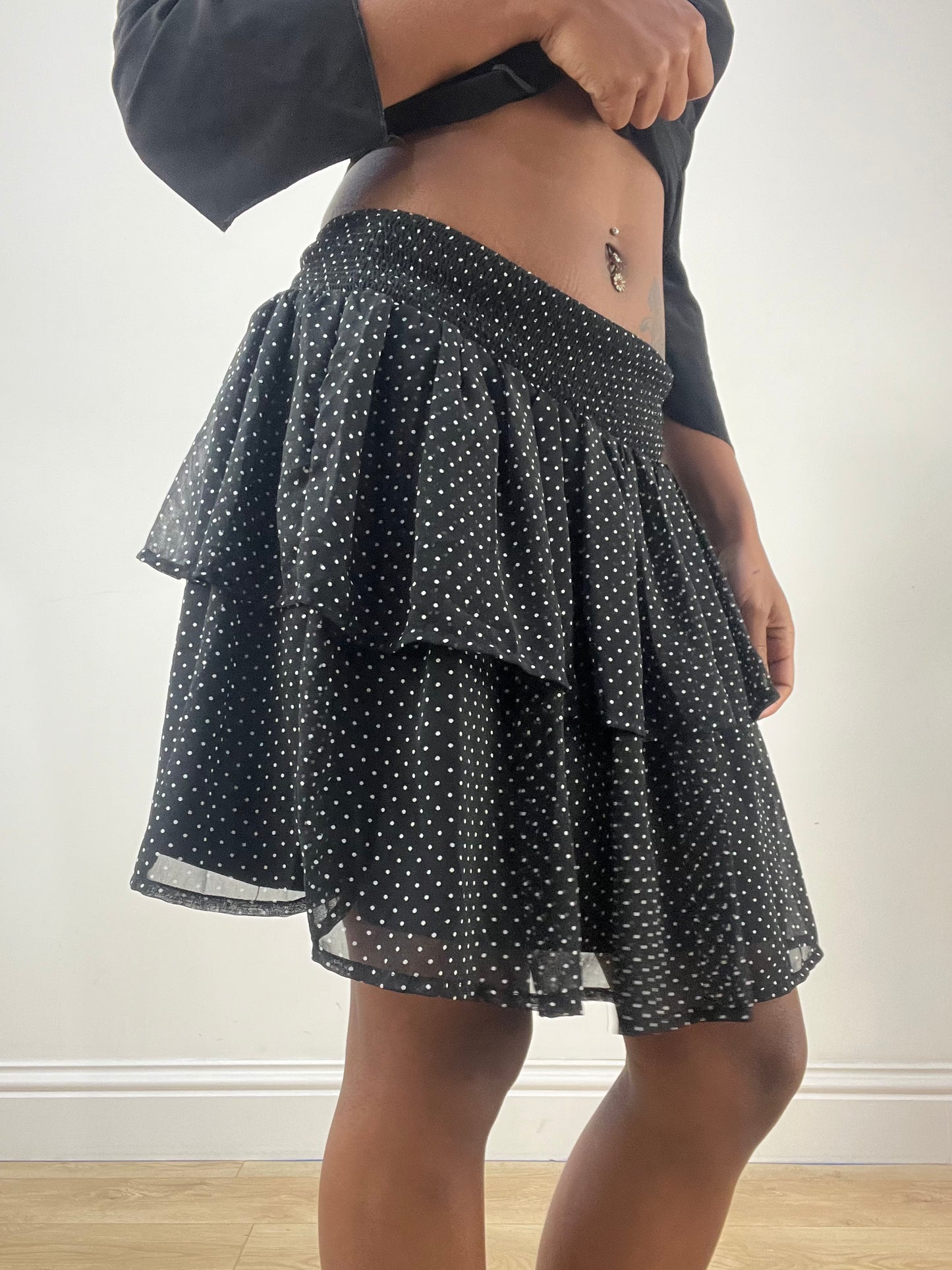 LFW edit | extra small black tiered mini skirt with polka dot print