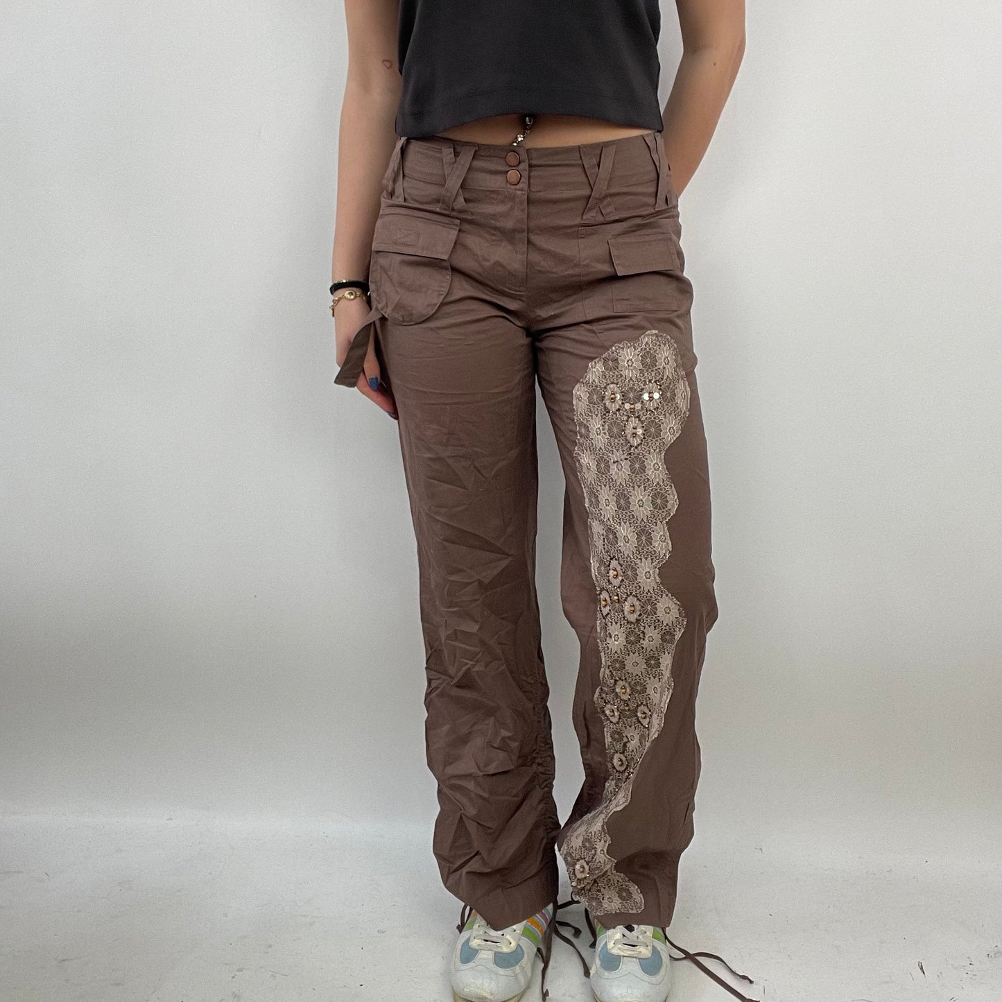HIPPY CHIC DROP | small brown embroidered beaded cargo trousers