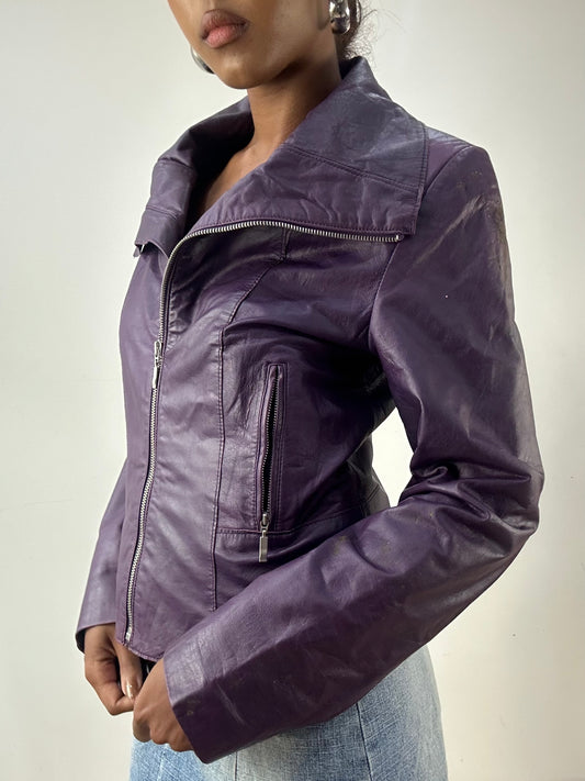 LFW edit | small purple faux leather jacket with silver zip detail