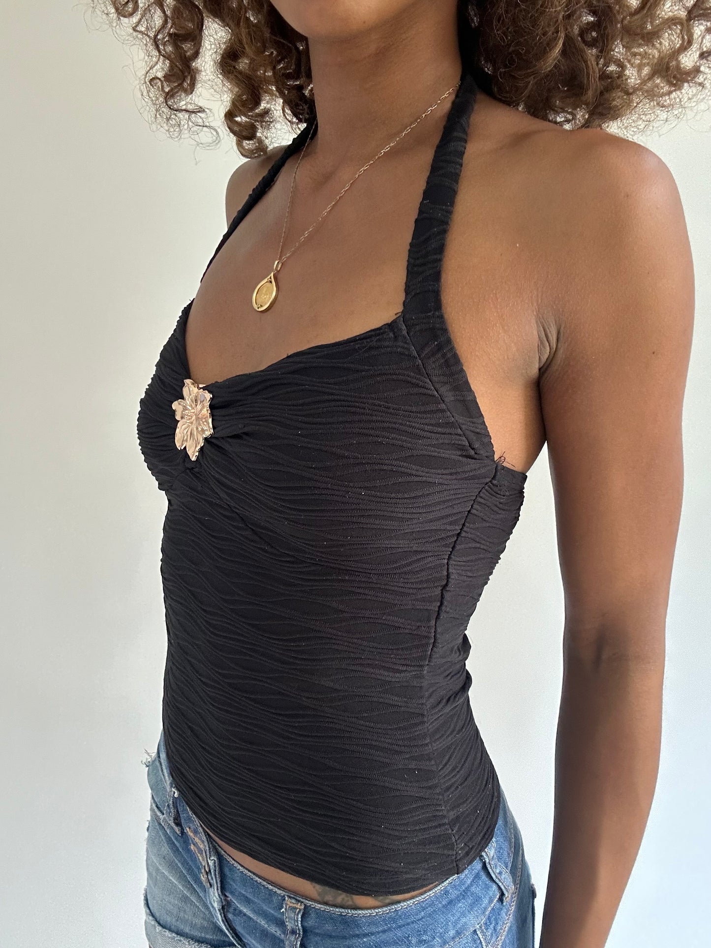 euro trash | extra small black ribbed halter neck top