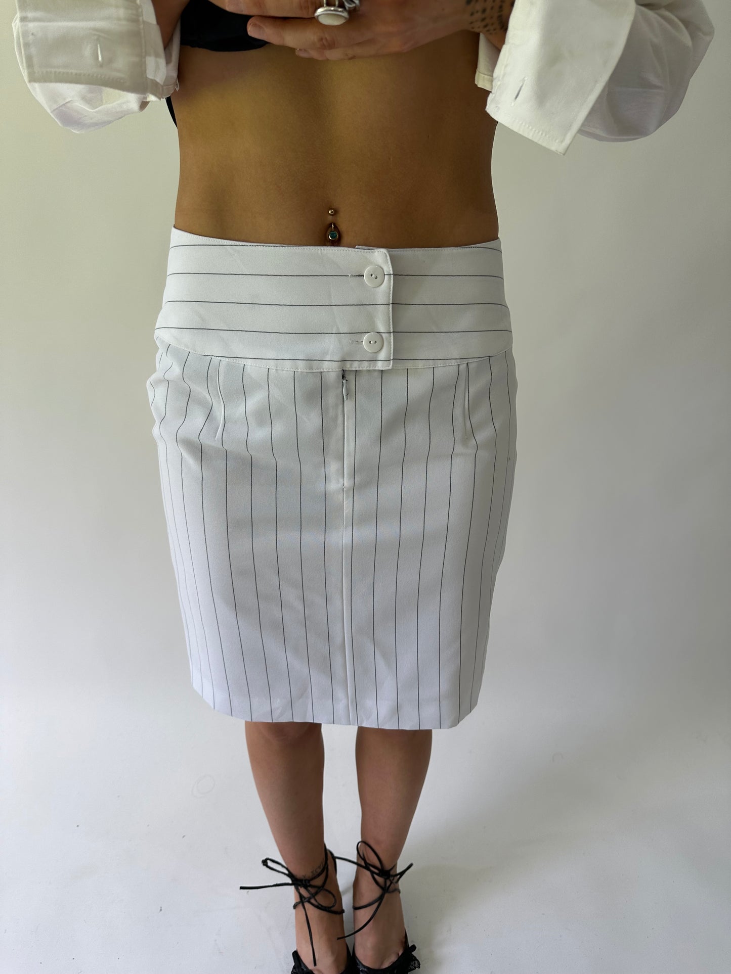 sailor drop | extra small white pinstripe midi skirt