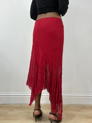vintage edit thirty-four | extra small red sheer midi skirt with asymmetric trim