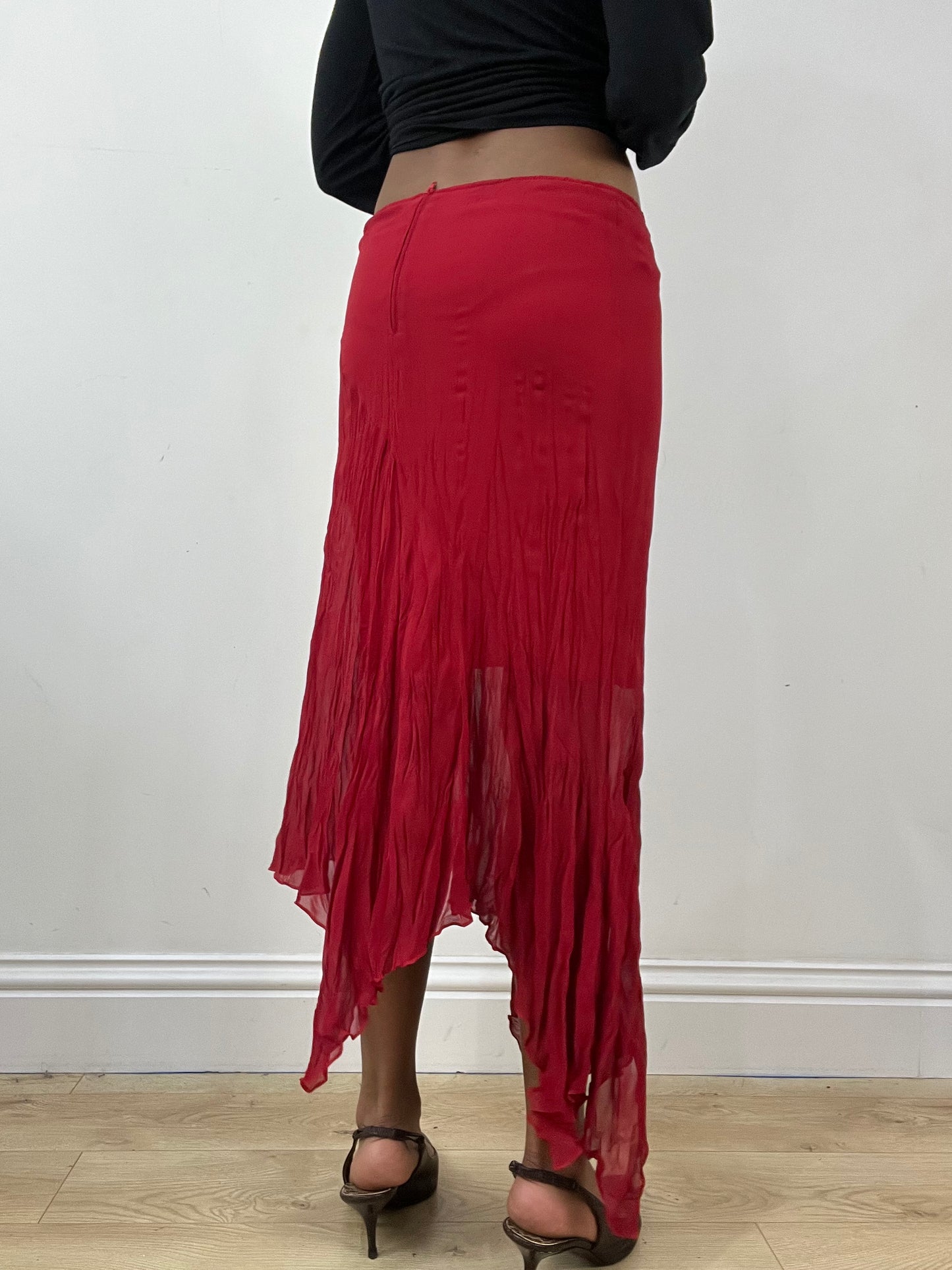 vintage edit thirty-four | extra small red sheer midi skirt with asymmetric trim