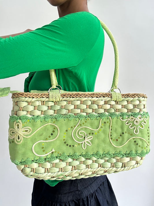 BEST PICKS | green woven embroidered shoulder bag