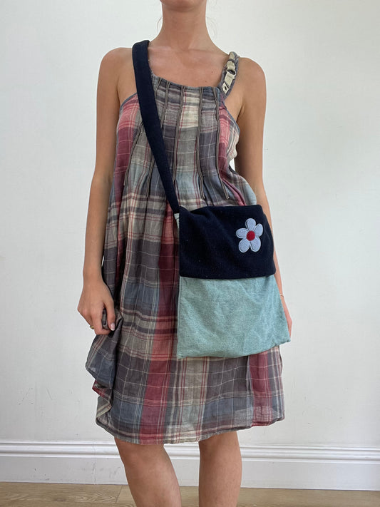 💚 miley cyrus edit | blue denim fold over crossbody bag with flower detail