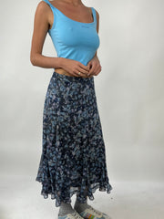 TAYLOR SWIFT DROP | small blue mesh midi skirt with floral print