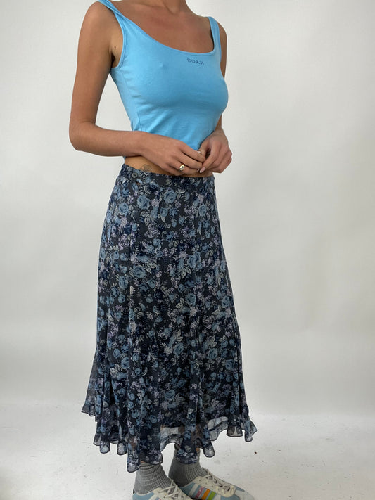 TAYLOR SWIFT DROP | small blue mesh midi skirt with floral print