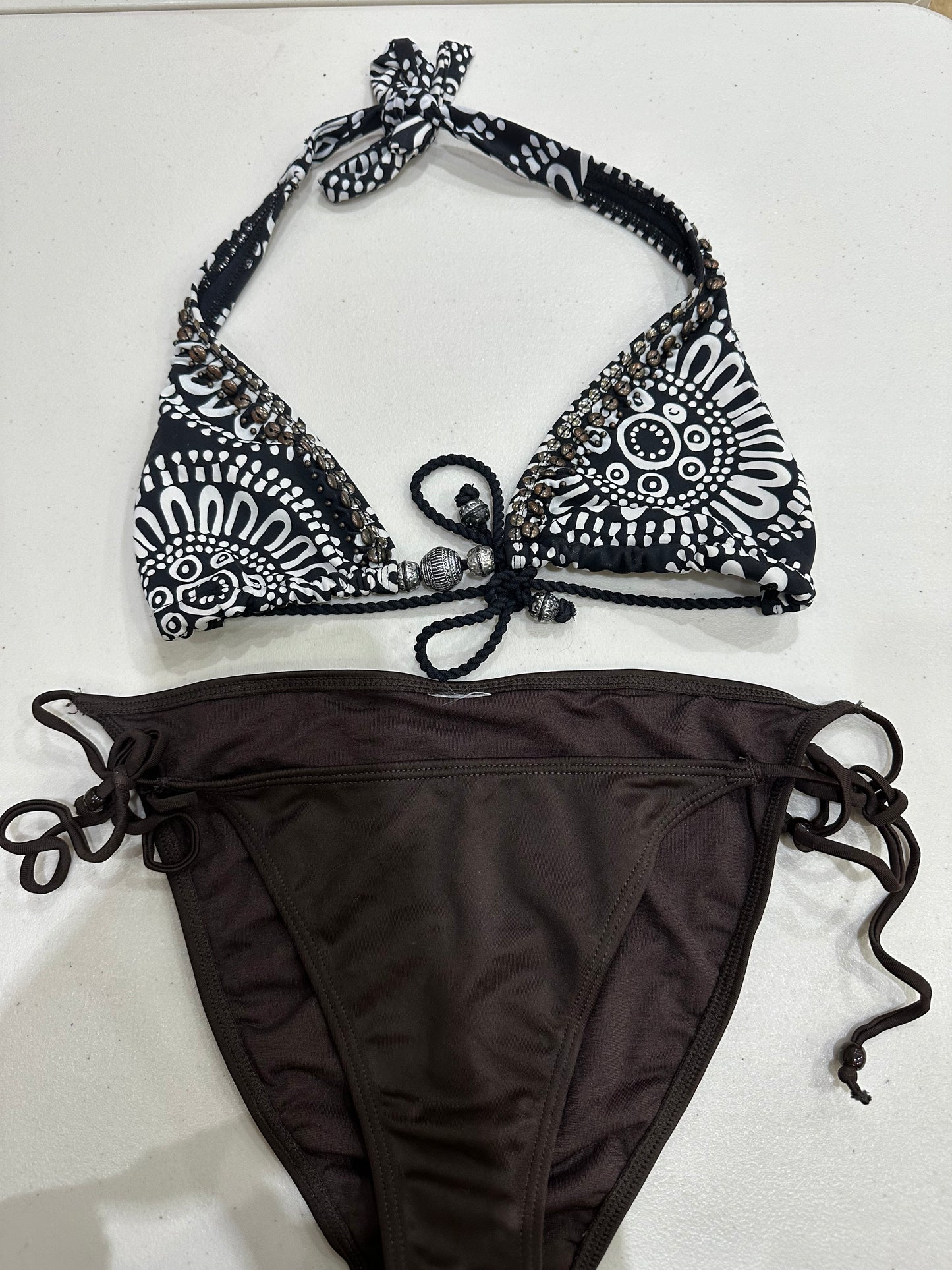 vintage edit: festival | small brown and white patterned bikini set