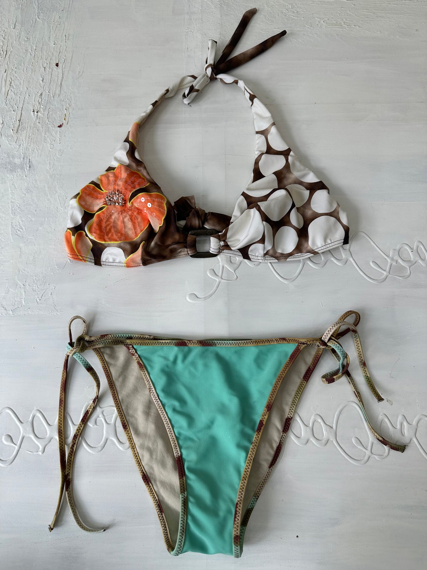 vintage edit twenty-seven | small brown beaded bikini top and blue patterned bikini bottoms