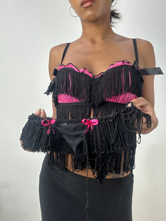 BEST PICKS | medium black and pink fringe bra and underwear set