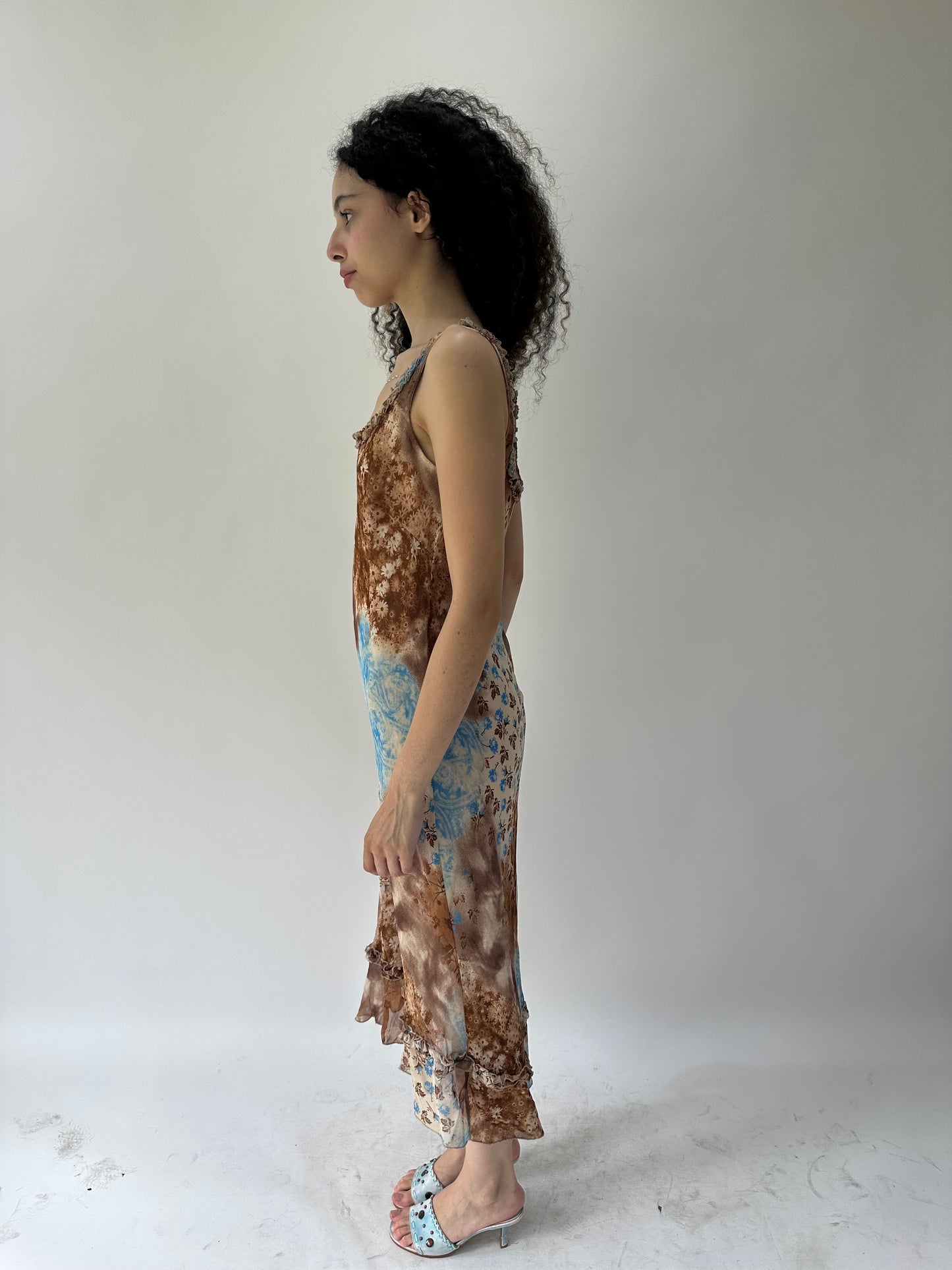 festival drop | medium brown and blue mesh overlay midi dress