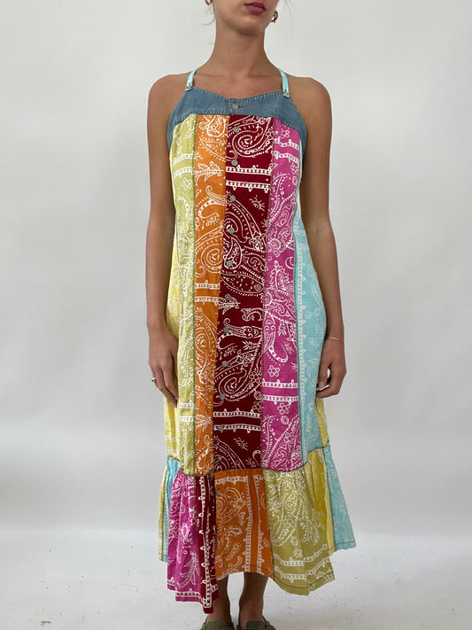 PALM BEACH DROP | small multicoloured paisley maxi dress with denim panel detail