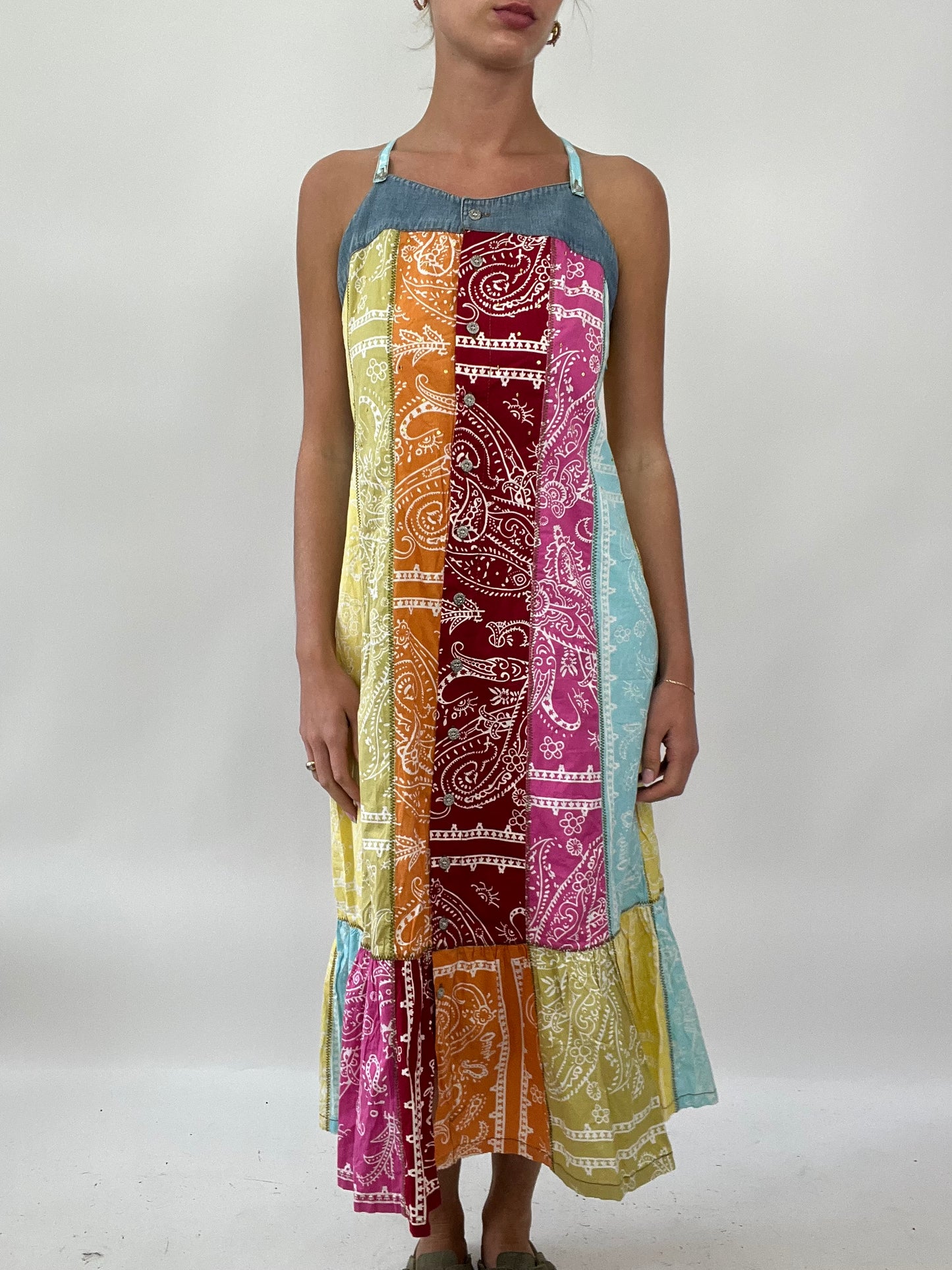 PALM BEACH DROP | small multicoloured paisley maxi dress with denim panel detail
