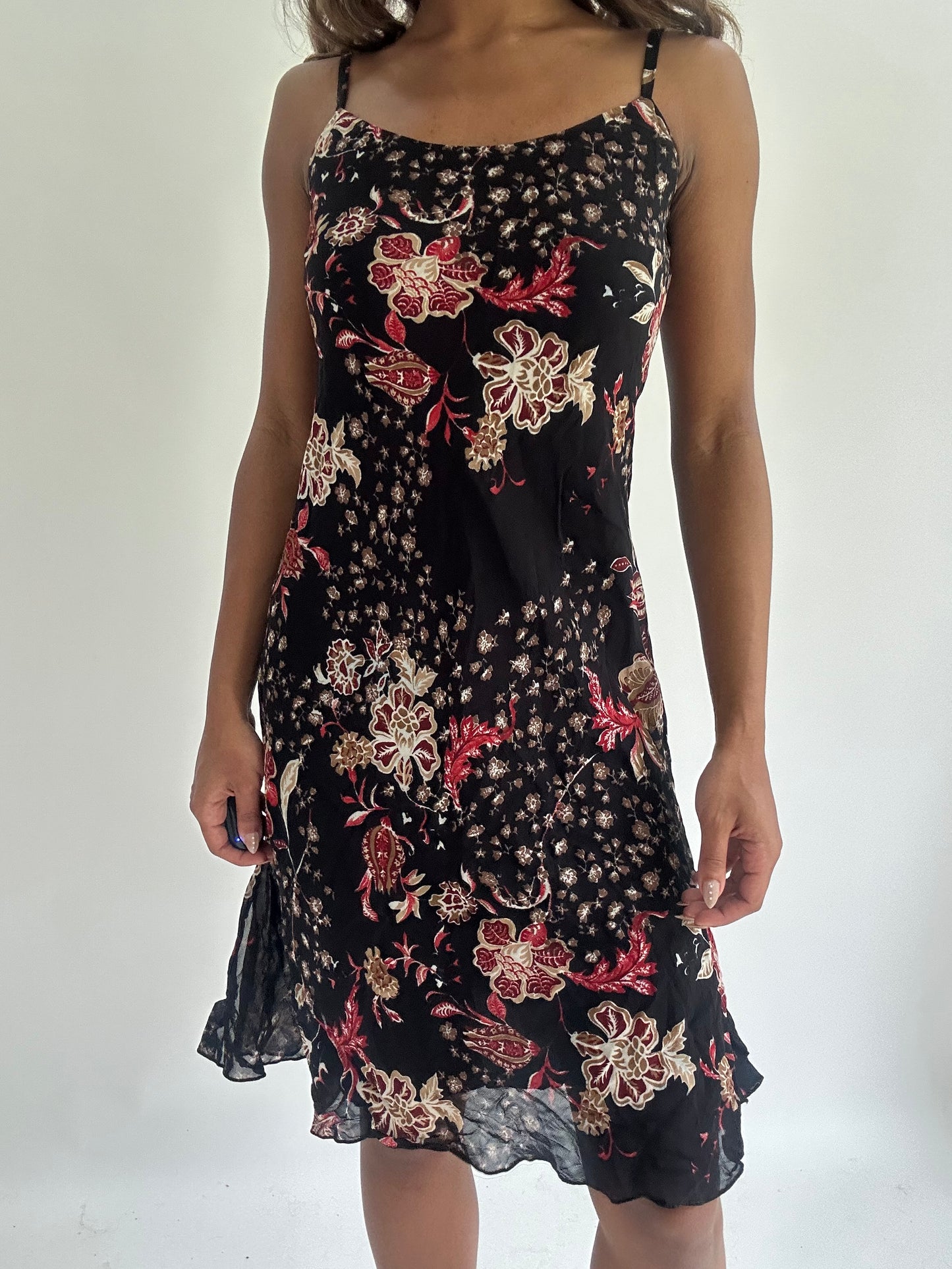 wedding guest drop | small black floral mesh overlay midi dress