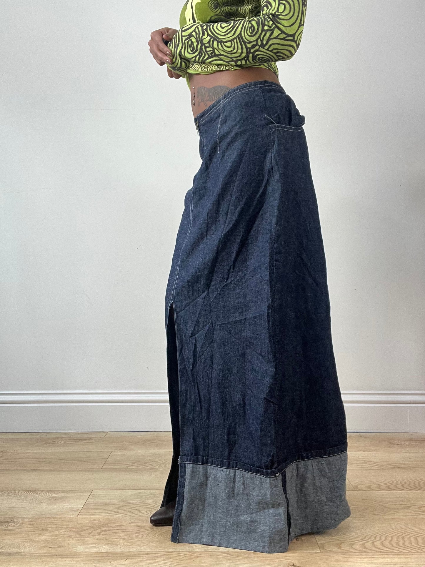 LFW edit | small blue denim maxi skirt with leg slit detail