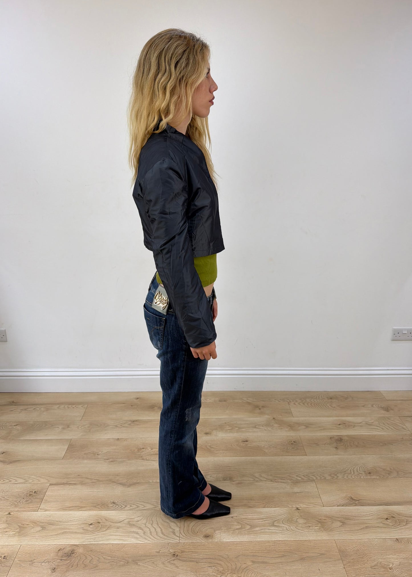 medium blue iridescent cropped jacket